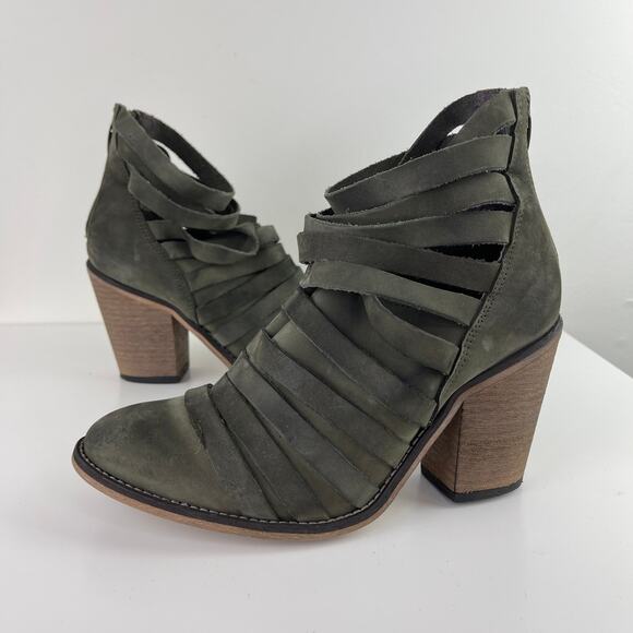 Free People Hybrid Gray Green Leather Strappy Ankle Boots Wood Heel 38 7.5/8 - Picture 2 of 8